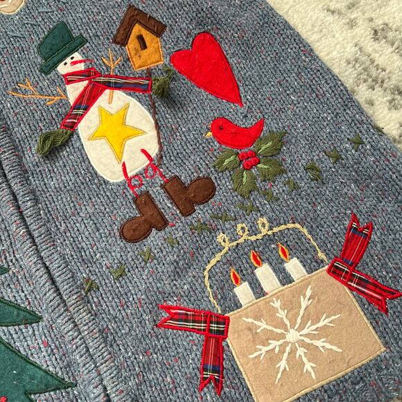 Theme Works Blue Primitive Snowman Full Zip Sweater Vest Large Grandmacore - Picture 7 of 8